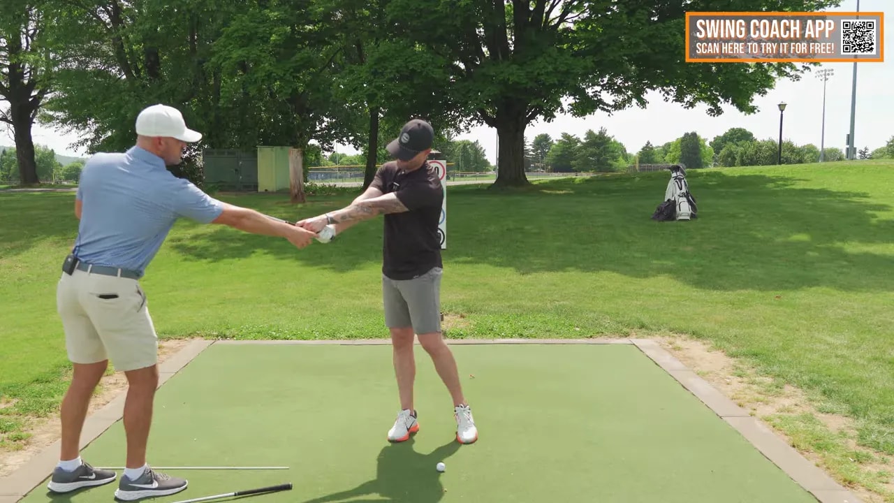 Split screen showing golfer follow-through and professional golfer comparison with circles around the club handle area