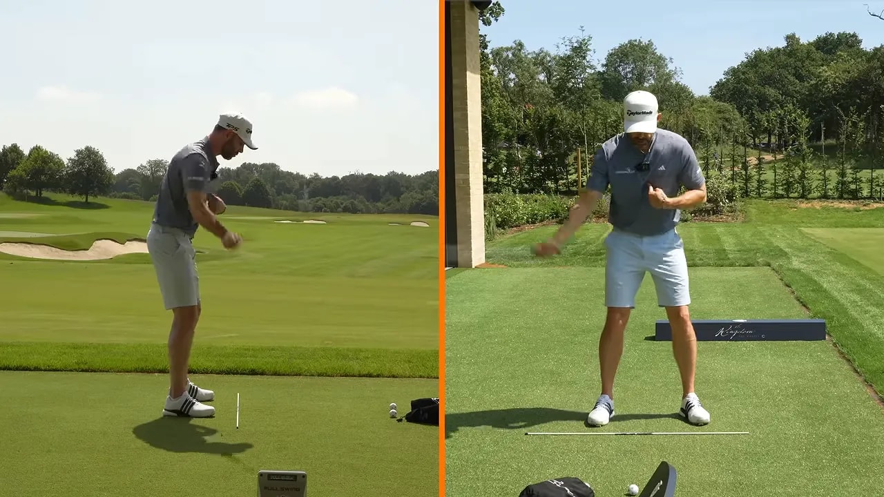 Split screen showing a golfer rehearsing the downswing and club path from two camera angles
