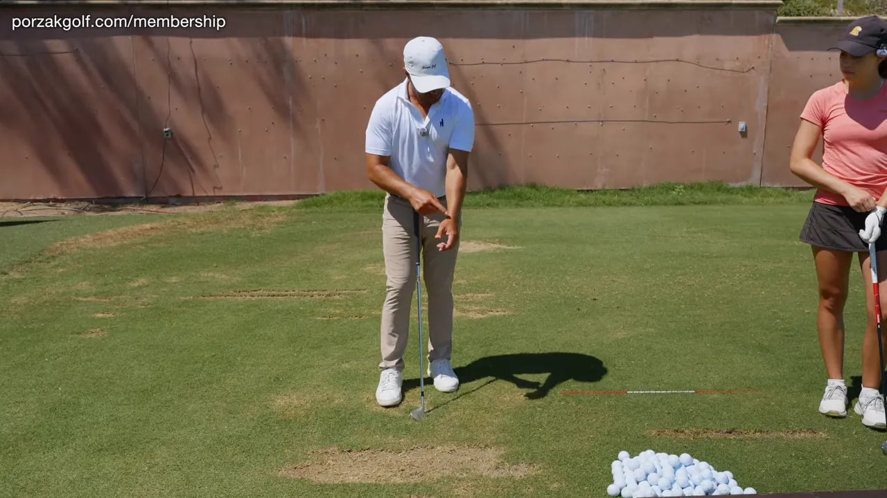 Split screen showing a golfer at address and a close view of hands demonstrating impact wrist position