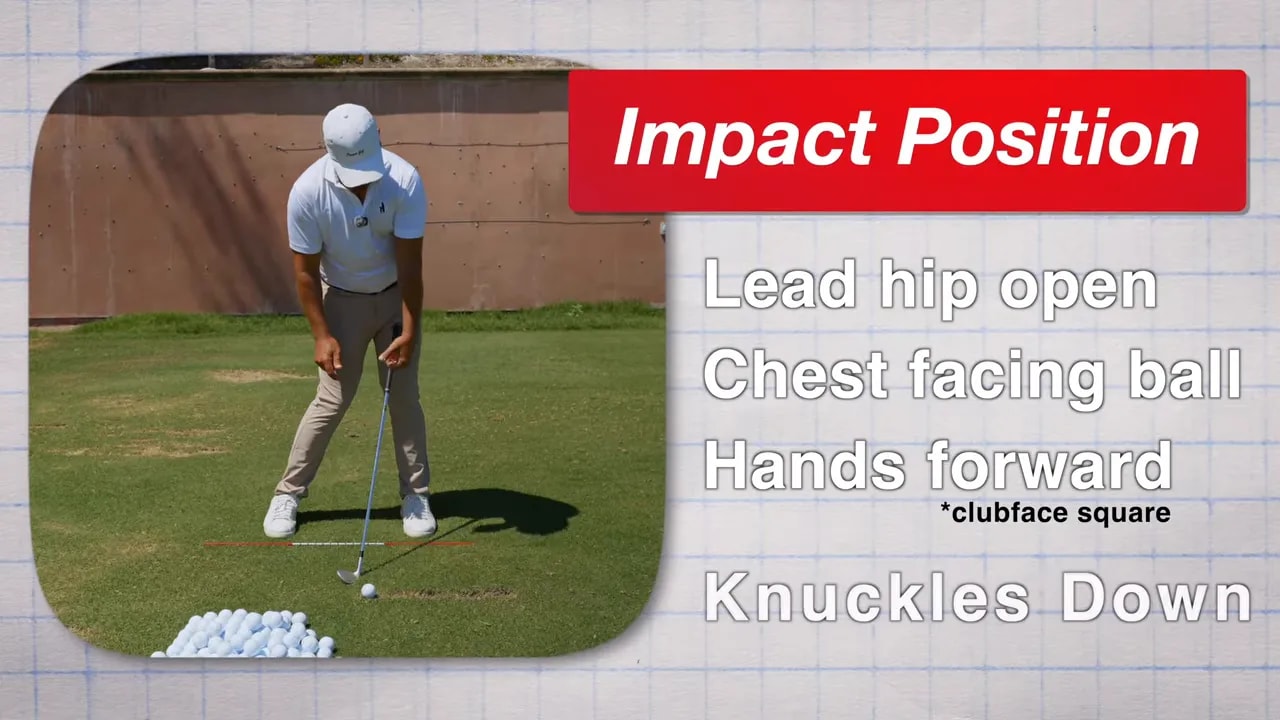 Impact position graphic listing lead hip open, chest facing ball, hands forward and knuckles down