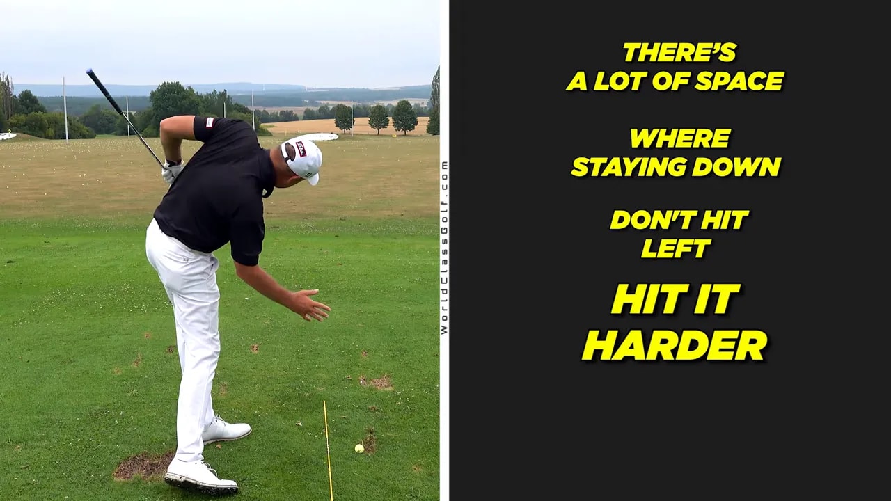 Golf instructor demonstrating body position beside text listing space staying down avoiding left shots and hitting harder