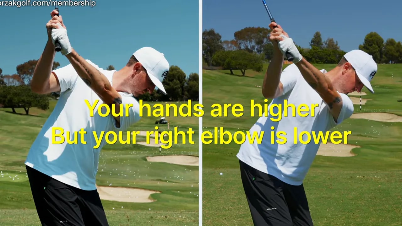 Side-by-side golf swing images showing higher hands and a lower right elbow