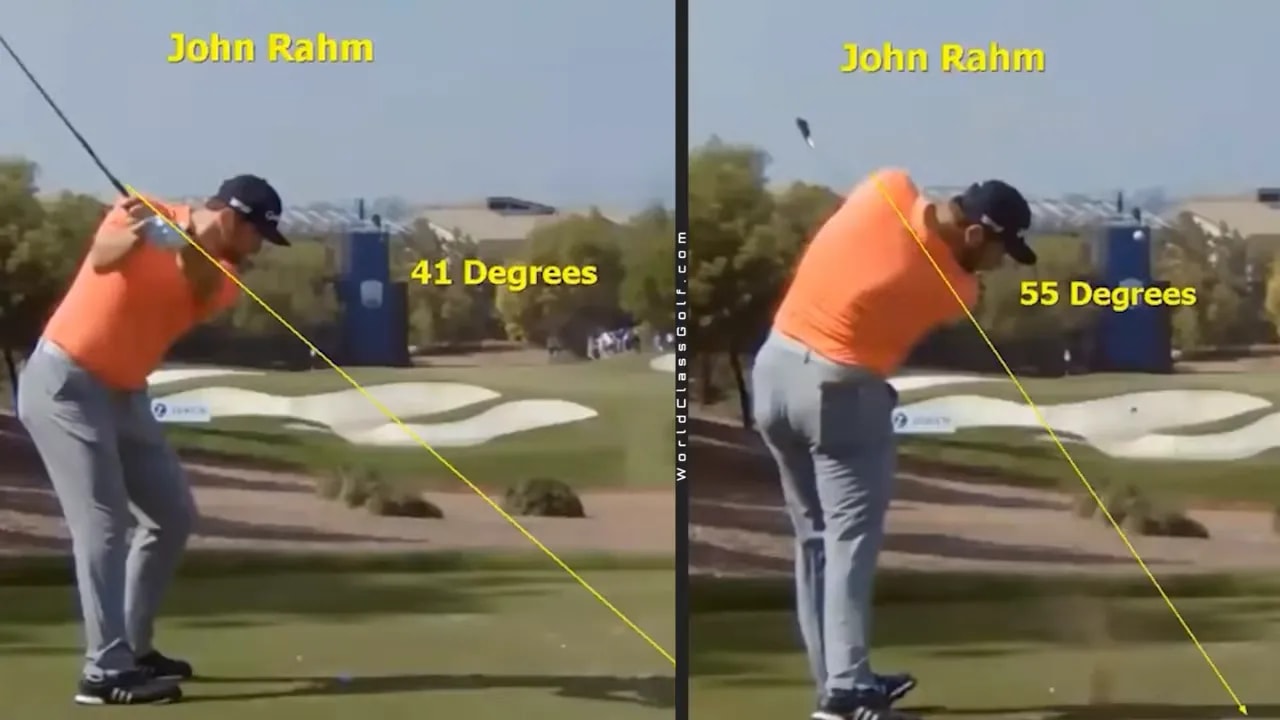 John Rahm golf swing comparison marked 41 degrees in backswing and 55 degrees in through swing