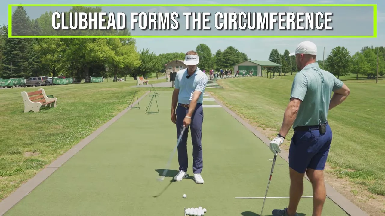 Golf instructor demonstrating lead arm and shaft radius with on-screen text