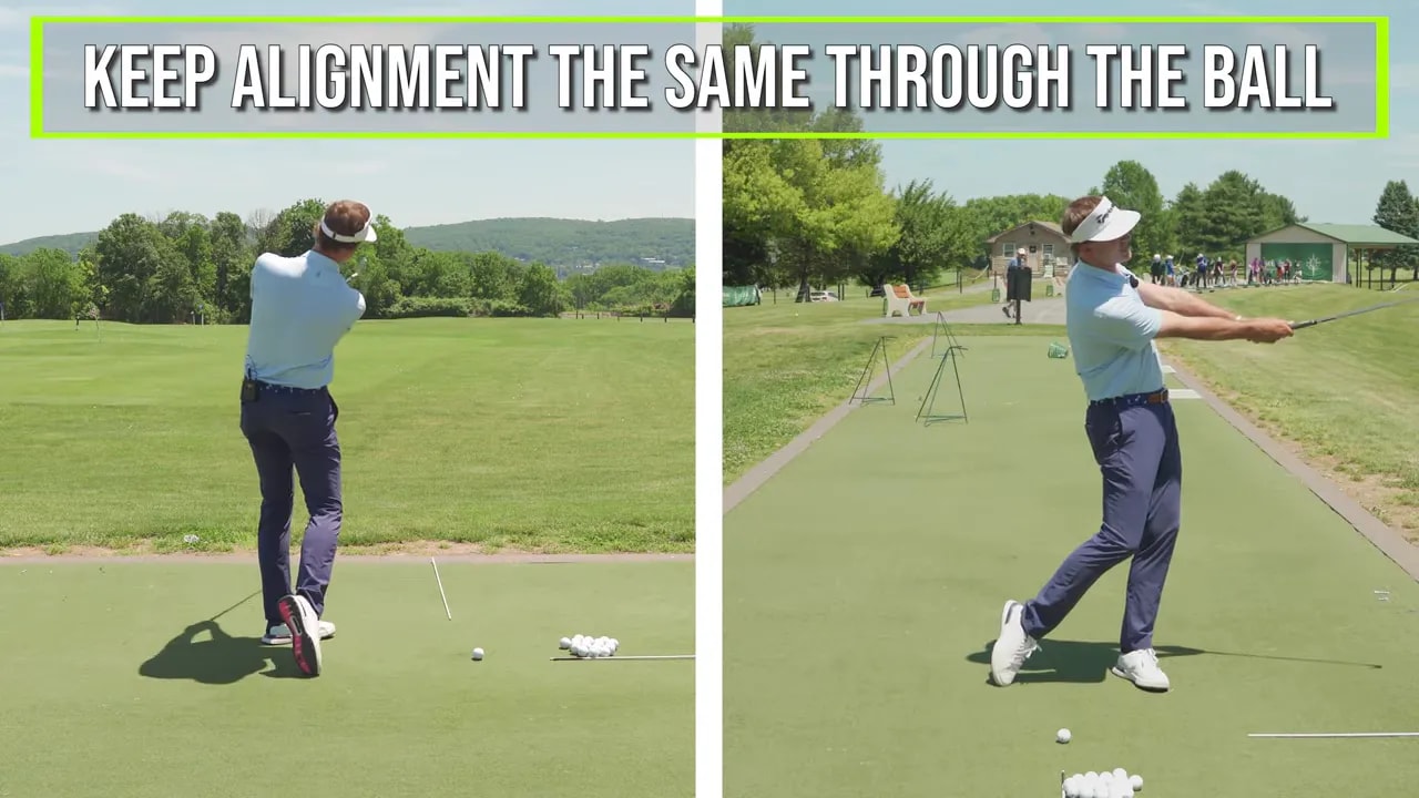 Split-screen showing golfer maintaining the same alignment through the ball