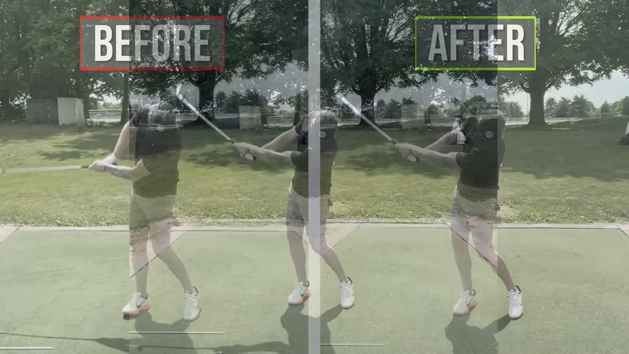 Before and after split screen showing golfer with narrow follow-through before and wider extended follow-through after