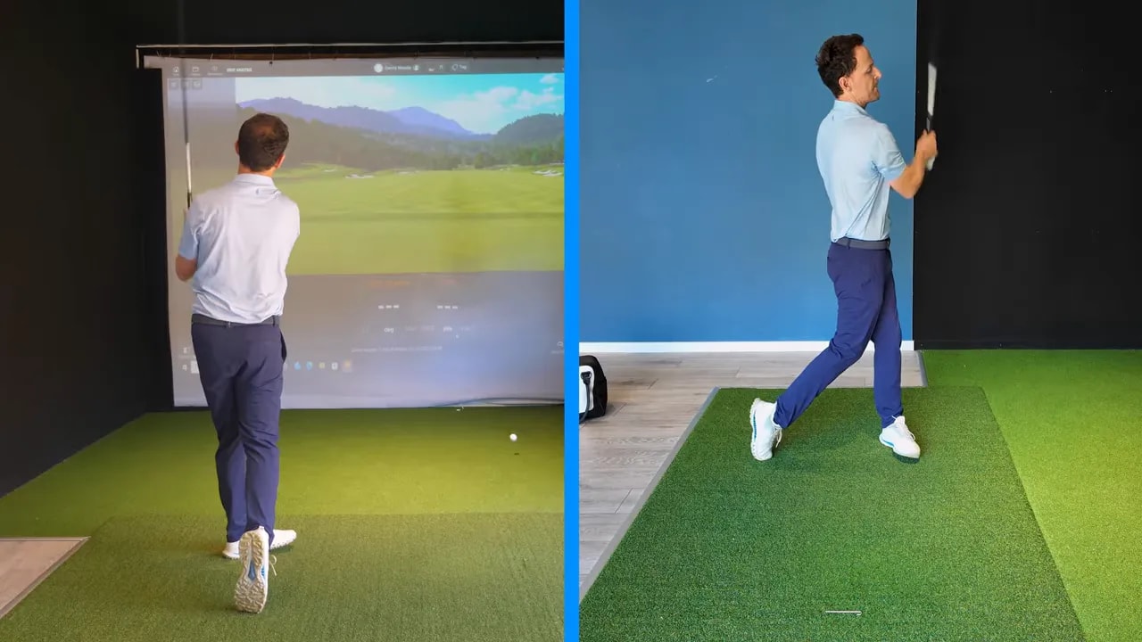 Golf simulator screen showing a shot curving right with face-to-path value 9.8