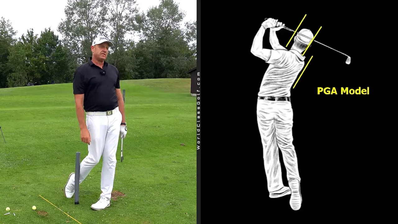PGA model silhouette compared with amateur golf swing showing head position boxes