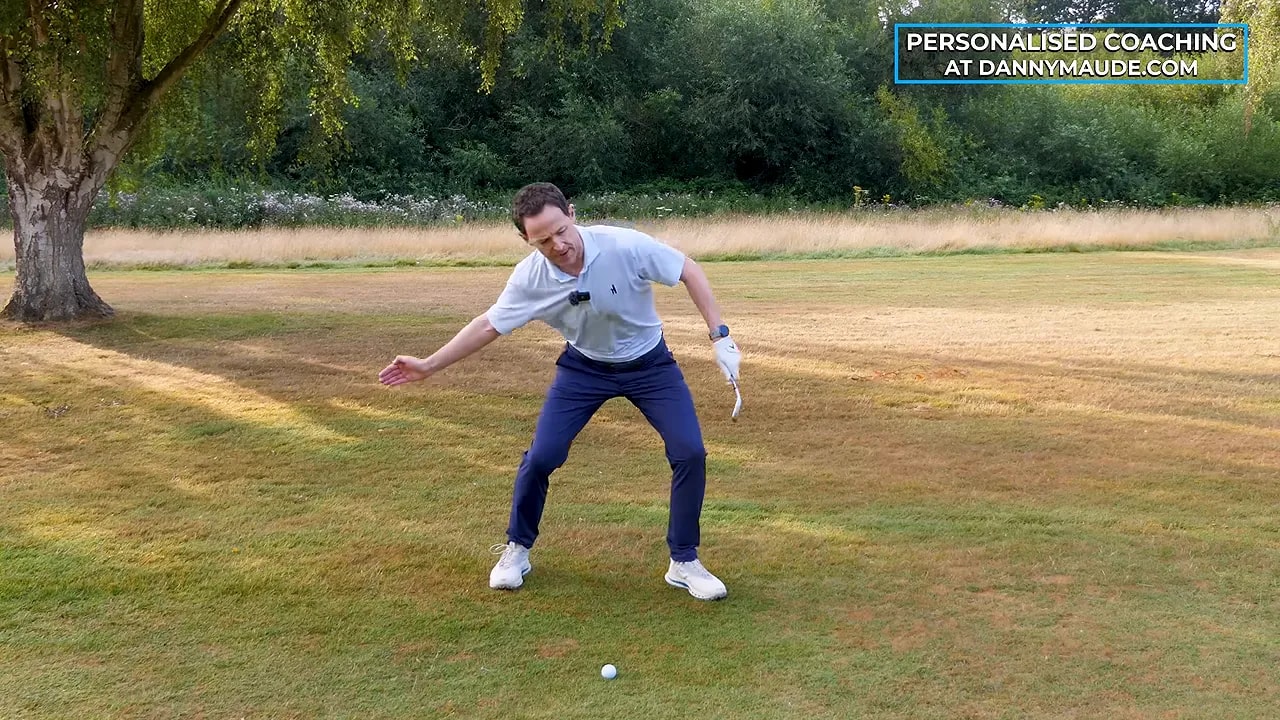 Golfer demonstrating a throwing-water motion with blue wave graphic