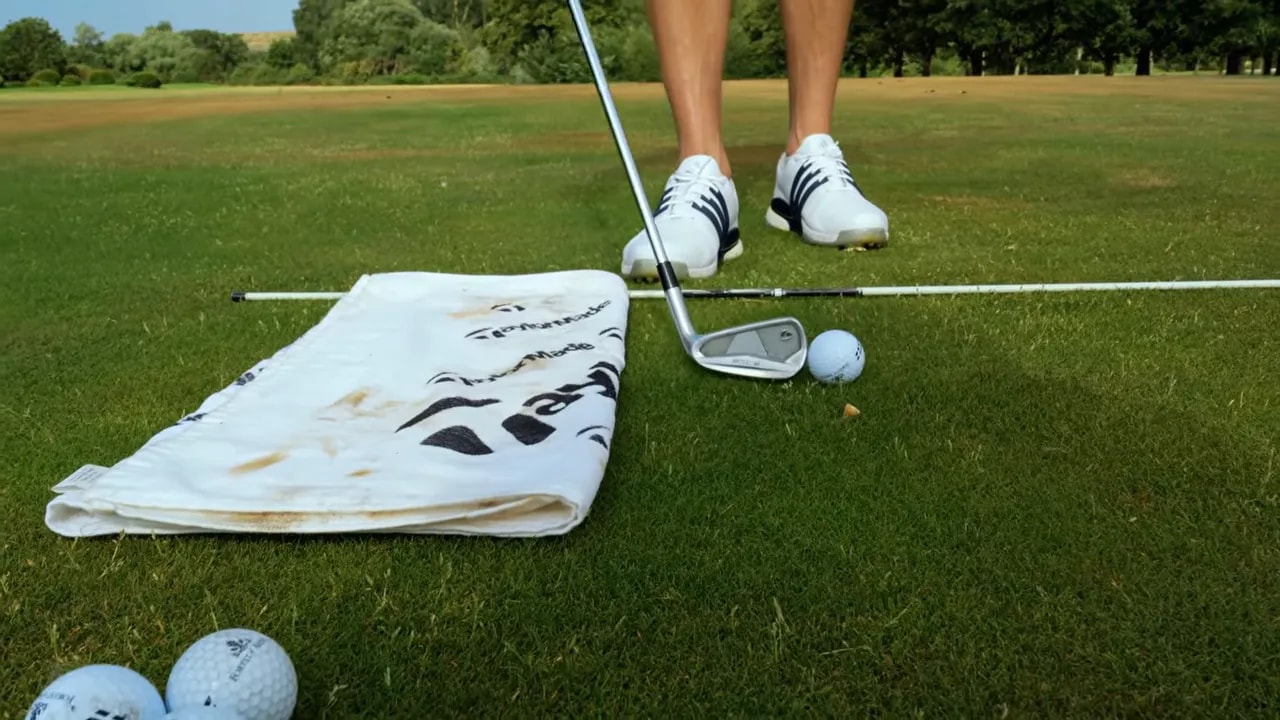 Close view of a golf ball with an iron, alignment sticks, and a towel placed behind the ball
