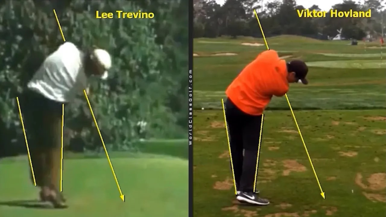 Side by side golf swing positions of Lee Trevino and Viktor Hovland with yellow body angle lines