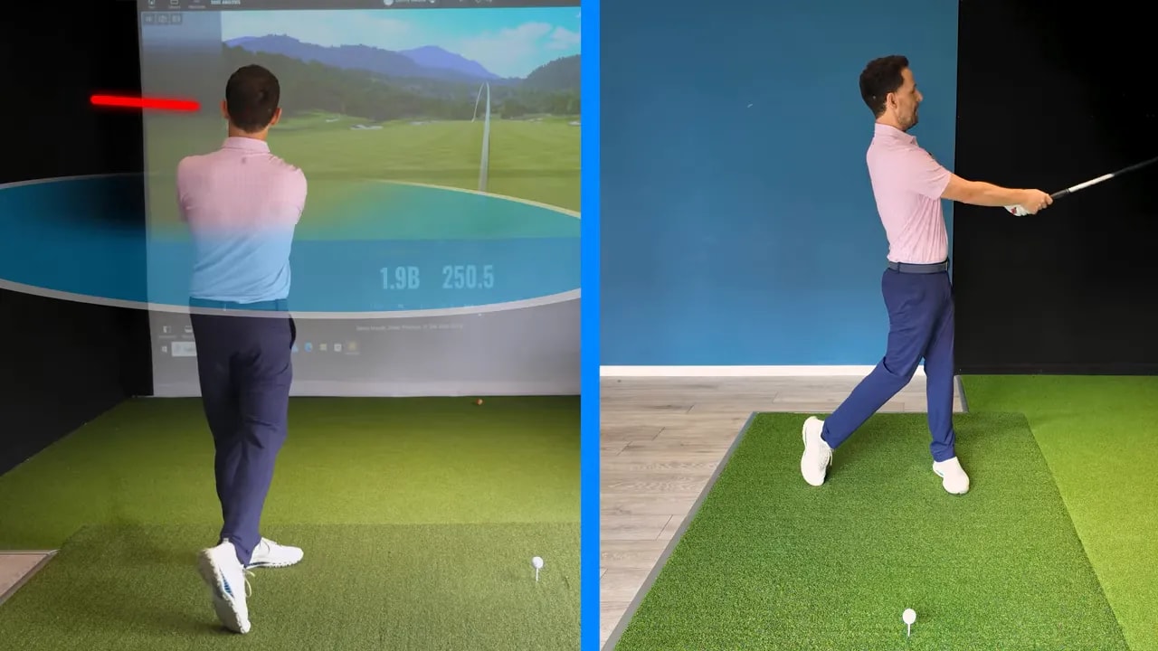 Split screen showing a golfer finishing with a low trail shoulder and angled head position