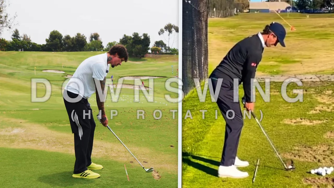 Split screen showing golfers during the downswing