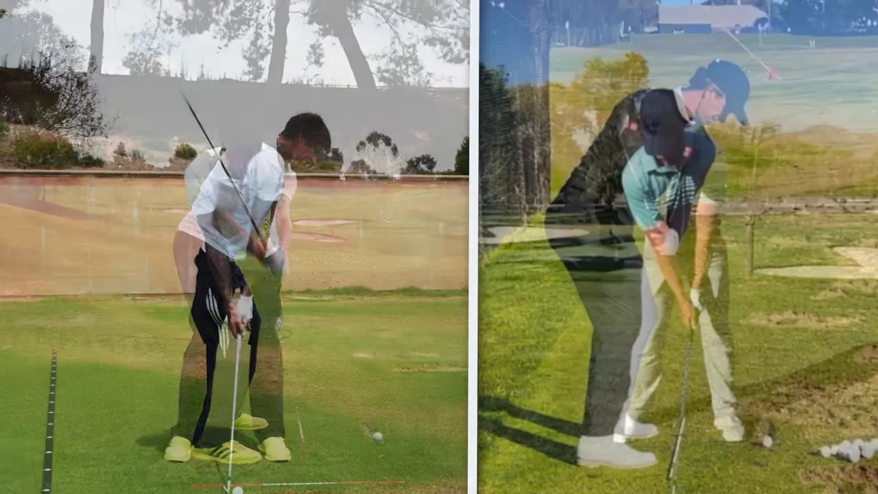 Split screen showing golfers at early backswing positions