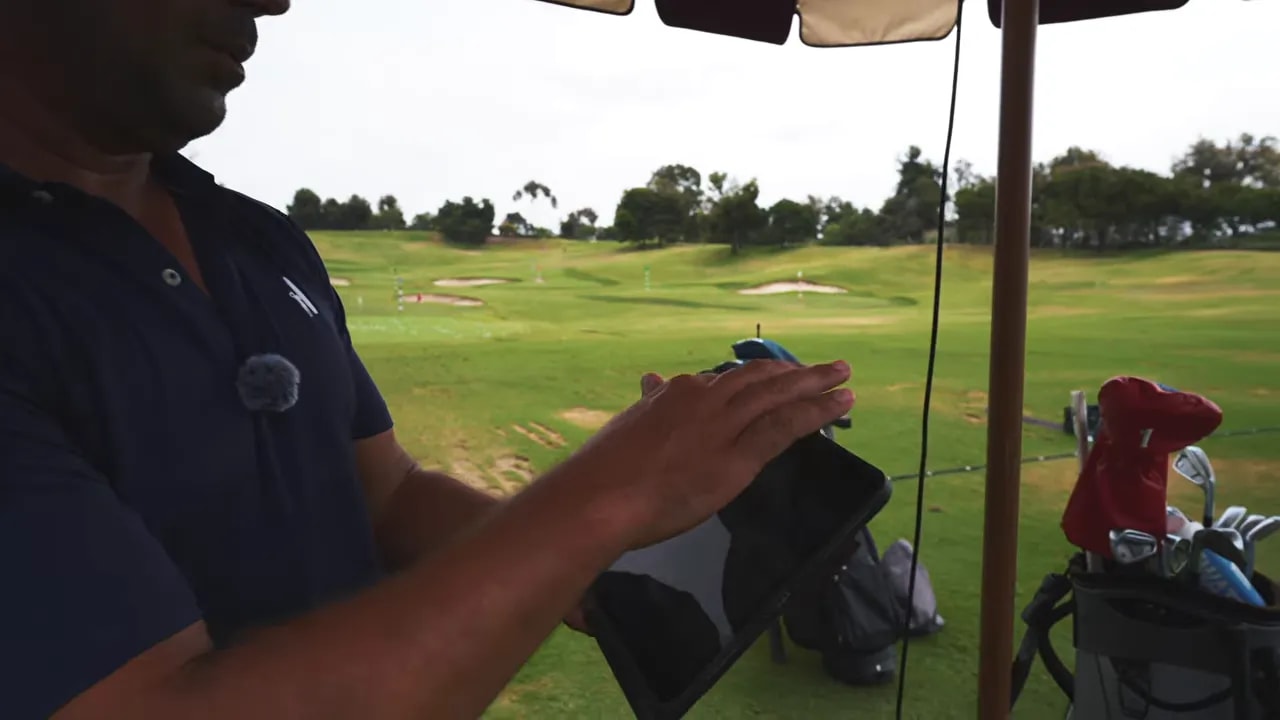 Split screen comparison of two golfers at address