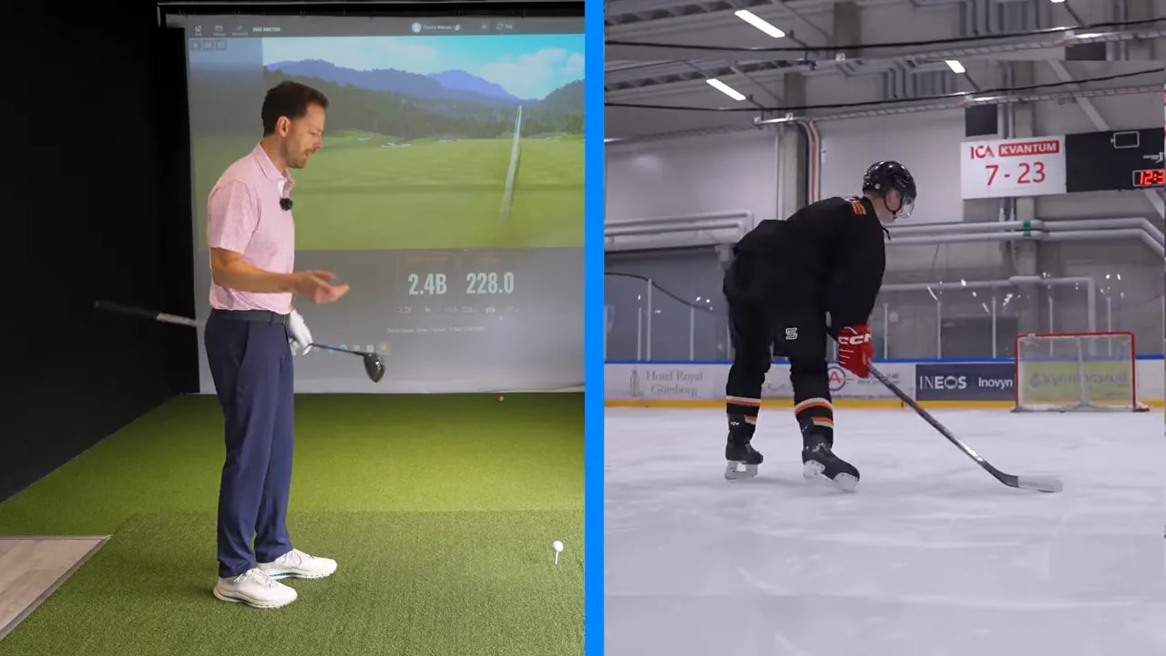 Split screen comparing a golfer swinging a driver with a hockey player shooting a puck