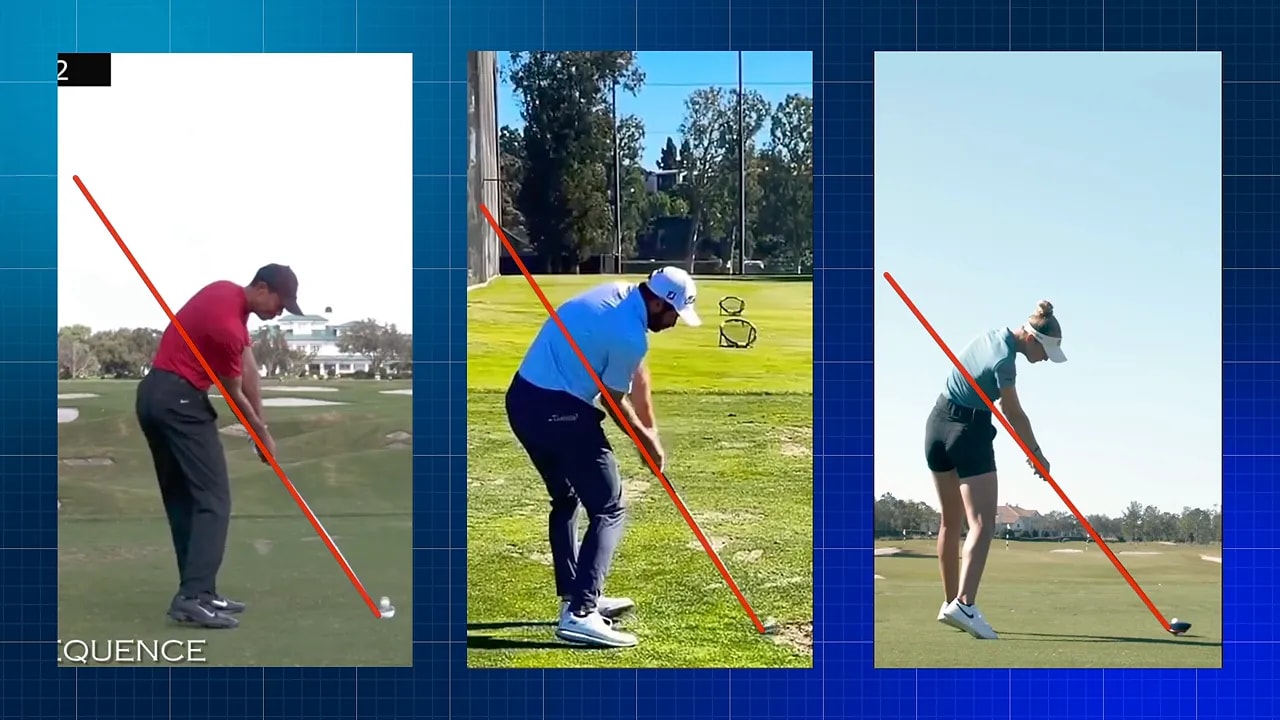 Drei Golfer im Treffmoment mit eingezeichneten roten Schaftlinien