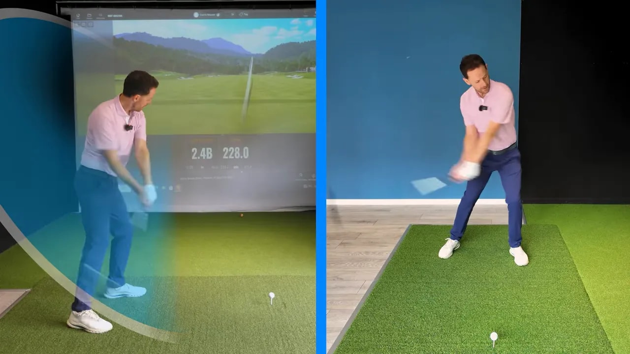 Split screen showing a compact driver swing with a curved blue swing path overlay