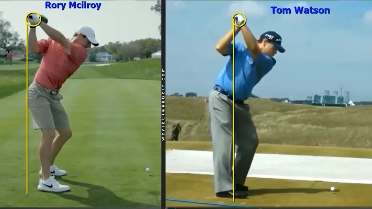 Side-by-side backswing positions of Rory McIlroy and Tom Watson with yellow reference lines