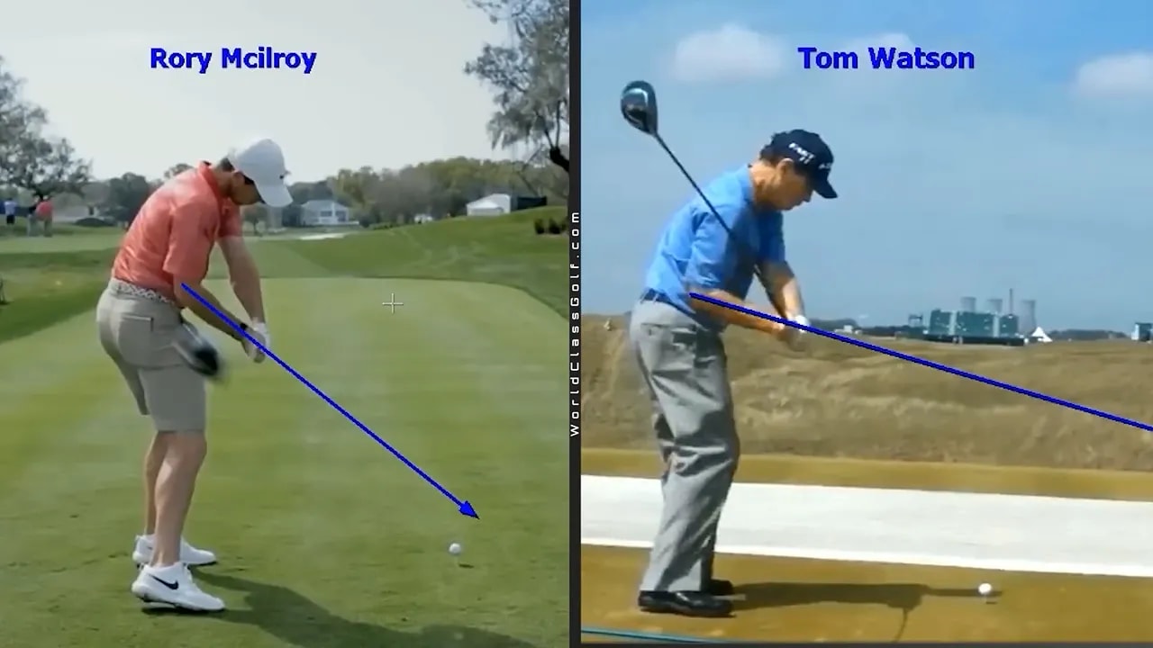 Rory McIlroy and Tom Watson in downswing positions with blue forearm reference lines