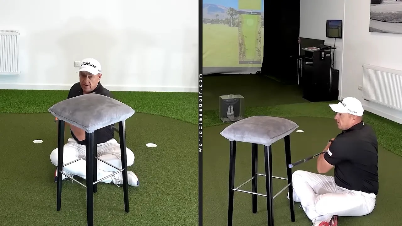Two views of a seated shoulder rotation test using a golf club and a stool leg