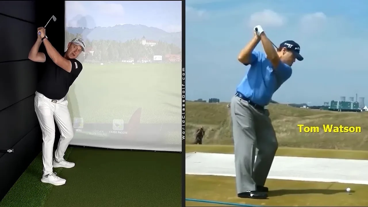 Split-screen showing a raised-arm backswing beside a wall and Tom Watson at the top of his swing